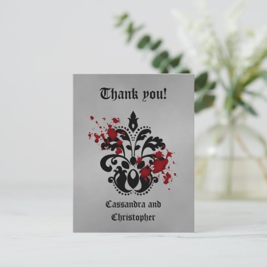 Elegant damast zwart en grijs dank u briefkaart (Staand voorkant)