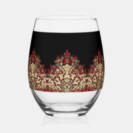Elegant Damast Zwart Rood en Gouden Patroon Wijnglas Zonder Voet