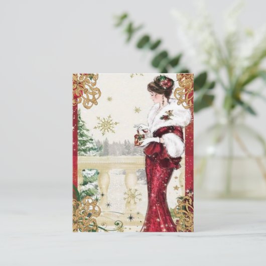 Elegant  dame met kerstcadeau briefkaart (Staand voorkant)