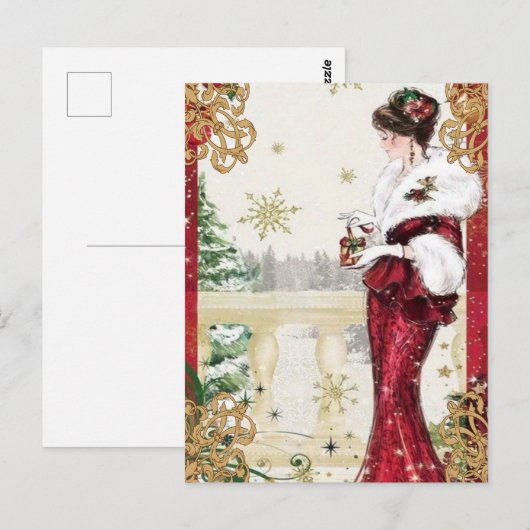 Elegant  dame met kerstcadeau briefkaart (Voorkant / Achterkant)