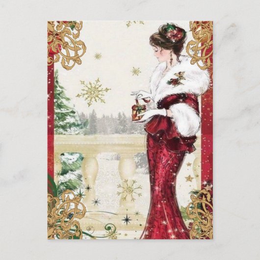 Elegant dame met kerstcadeau briefkaart (Voorkant)