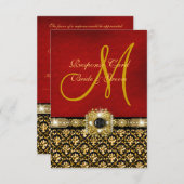 Elegant dameszwart rood goud RSVP kaartje (Voorkant / Achterkant)