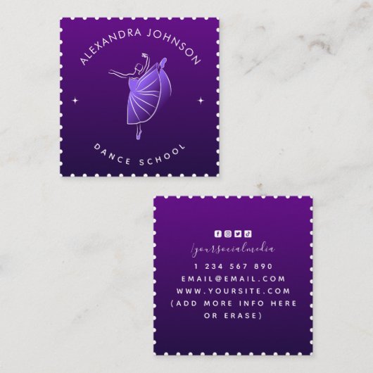 Elegant Dance School Dancer Silhouette Paarse Cool Vierkante Visitekaartje (Voorkant / Achterkant)