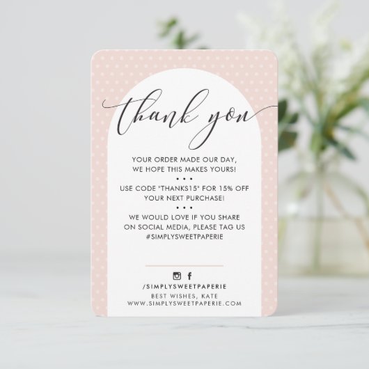 ELEGANT DANK JULLIE: moderne boog zwart, roze zwar Bedankkaart (Staand voorkant)