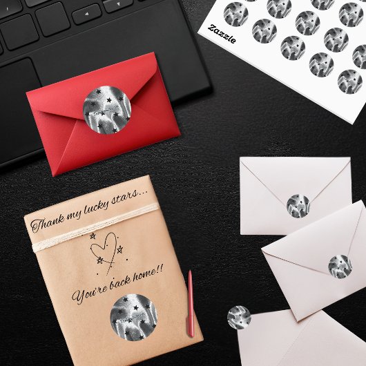 Elegant "Dank mijn gelukkige sterren" Silver Black Ronde Sticker