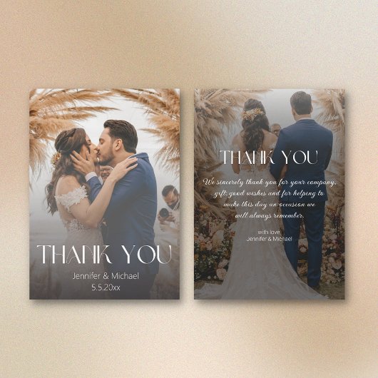 Elegant dank u 2 foto's minimale vervaagde bruilof notitiekaartje
