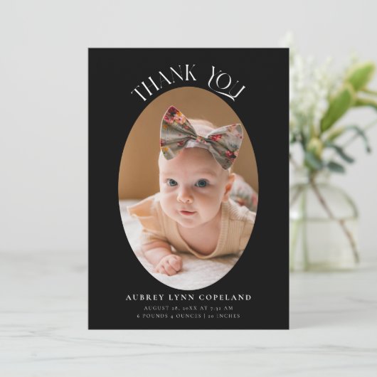 Elegant Dank u Oval Black Baby Foto Aankondiging (Staand voorkant)