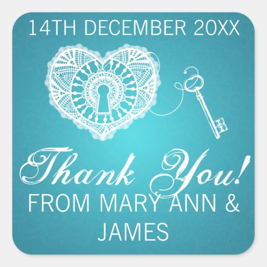 Elegant dank u sleutel tot mijn hart turquoise vierkante sticker (Voorkant)