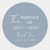 Elegant Dank u Stoffig Blauw Script Wit Bruiloft Ronde Sticker (Voorkant)