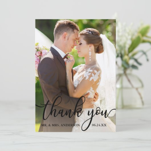 Elegant dank u zwart script bruiloft fotokaart bedankkaart (Staand voorkant)