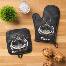 Elegant dansende vrouw ovenwant & pannenlap set