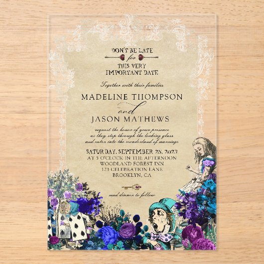  Elegant Dark Alice in Wonderland Weddenschap I Acryl Uitnodigingen (Voorkant)