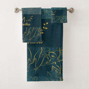 Elegant Dark Blauwgroen Blue & Gold Foil Floral Mo Bad Handdoek