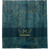 Elegant Dark Blauwgroen Blue & Gold Foil Floral Mo Douchegordijn (Voorkant)