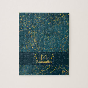 Elegant Dark Blauwgroen Blue & Gold Foil Floral Mo Legpuzzel