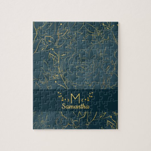 Elegant Dark Blauwgroen Blue & Gold Foil Floral Mo Legpuzzel (Verticaal)