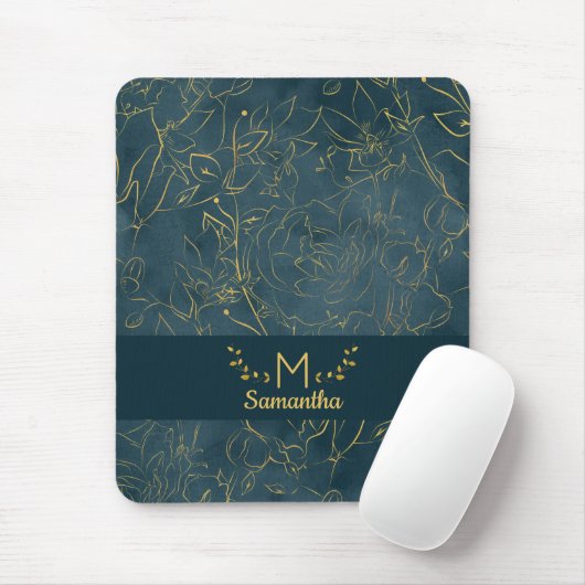 Elegant Dark Blauwgroen Blue & Gold Foil Floral Mo Muismat (Met muis)