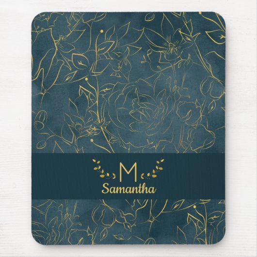 Elegant Dark Blauwgroen Blue & Gold Foil Floral Mo Muismat (Voorkant)