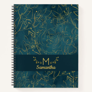 Elegant Dark Blauwgroen Blue & Gold Foil Floral Mo Notitieboek