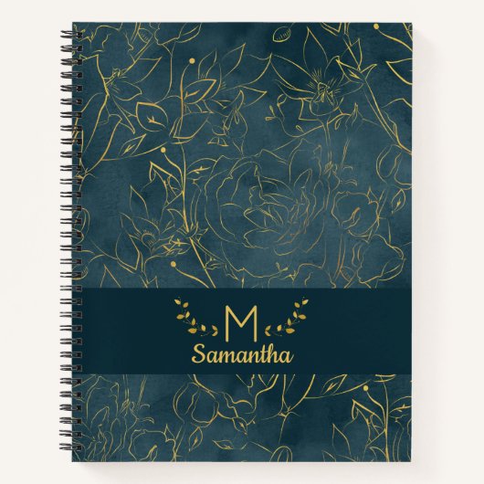 Elegant Dark Blauwgroen Blue & Gold Foil Floral Mo Notitieboek (Voorkant)