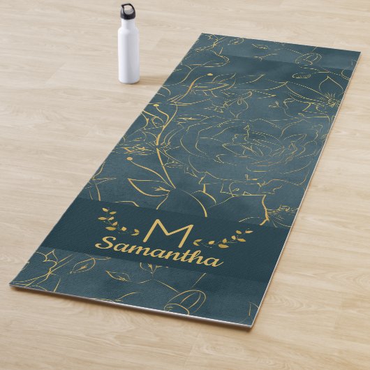Elegant Dark Blauwgroen Blue & Gold Foil Floral Mo Yogamat (In situ)