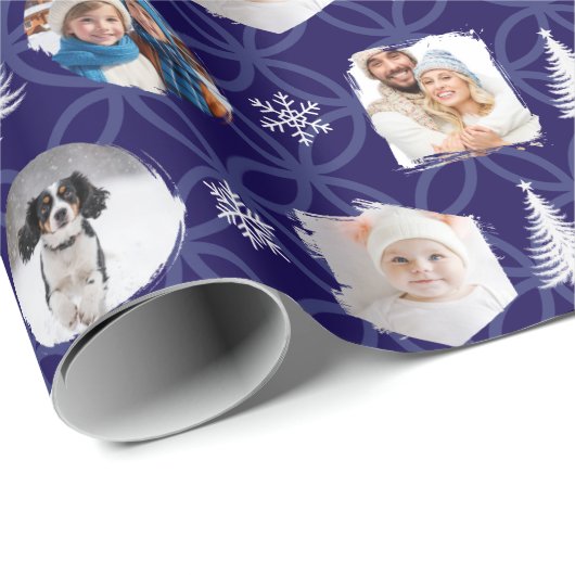 Elegant Dark Blue Custom Photo Gallery Christmas Cadeaupapier (Rol Hoek)