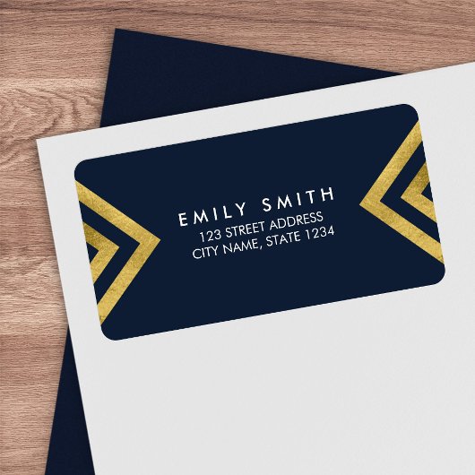 Elegant Dark Blue & Faux Gold Geometric Address Etiket