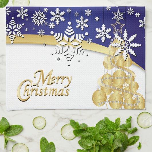 Elegant Dark Blue, Gold and White Kerstmis Theedoek (Gevouwen)