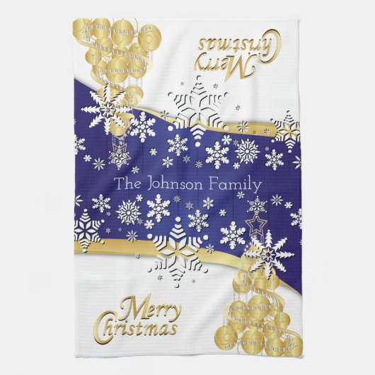 Elegant Dark Blue, Gold and White Kerstmis Theedoek (Verticaal)