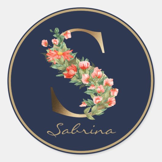 Elegant Dark Blue Gold Floral Monogram Letter S Ronde Sticker (Voorkant)