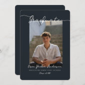 Elegant Dark Blue Graduate Announcement with Photo Kaart (Voorkant / Achterkant)