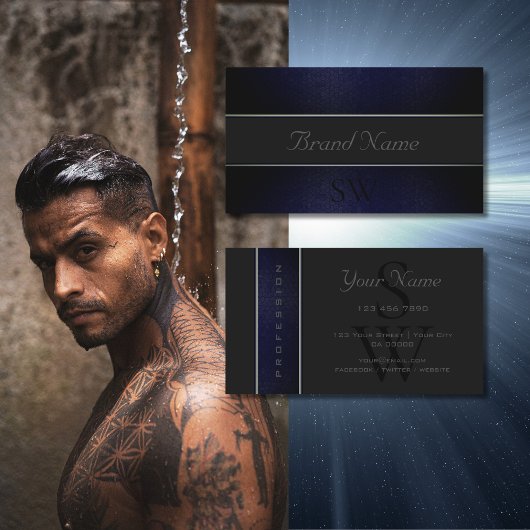 Elegant Dark Blue Grey Snake Pattern met Monogram Visitekaartje