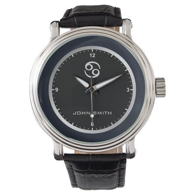 Elegant Dark Blue Lijst Zodiab Sign Name Custom Horloge (Voorkant)