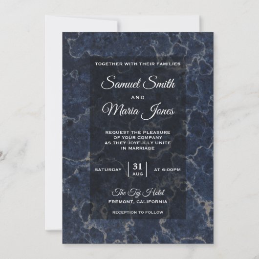 Elegant Dark Blue Marble Wedding Invitation Kaart (Voorkant)