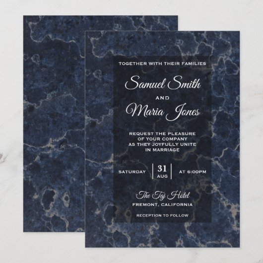 Elegant Dark Blue Marble Wedding Invitation Kaart (Voorkant / Achterkant)