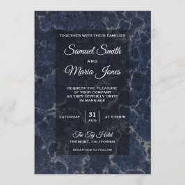 Elegant Dark Blue Marble Wedding Invitation Kaart