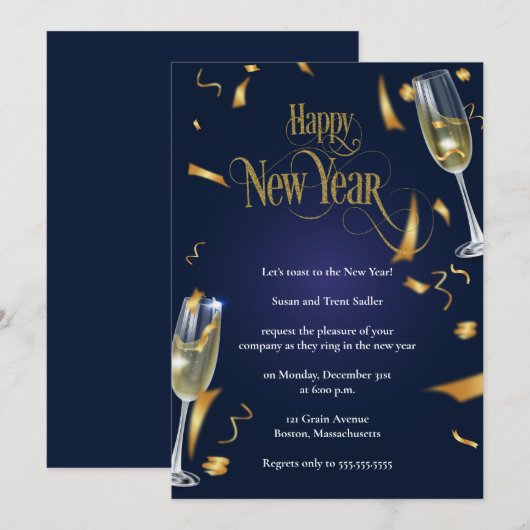 Elegant Dark Blue New Years Eve Party Kaart (Voorkant / Achterkant)