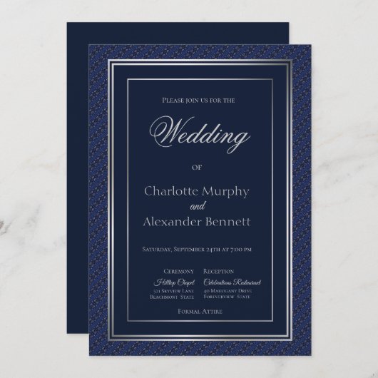 Elegant Dark Blue Silver Border Church Weddenschap Kaart (Voorkant / Achterkant)