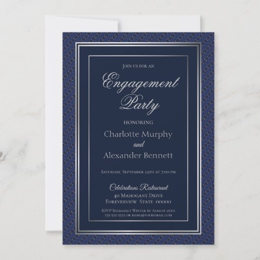 Elegant Dark Blue Silver Border Engagement Party Kaart (Voorkant)
