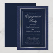 Elegant Dark Blue Silver Border Engagement Party Kaart (Voorkant / Achterkant)