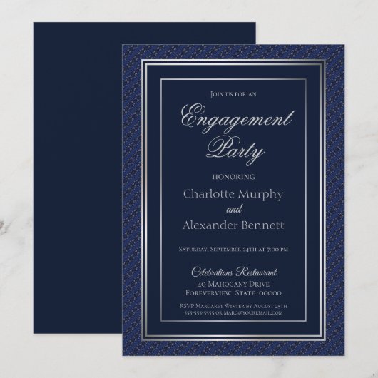 Elegant Dark Blue Silver Border Engagement Party Kaart (Voorkant / Achterkant)