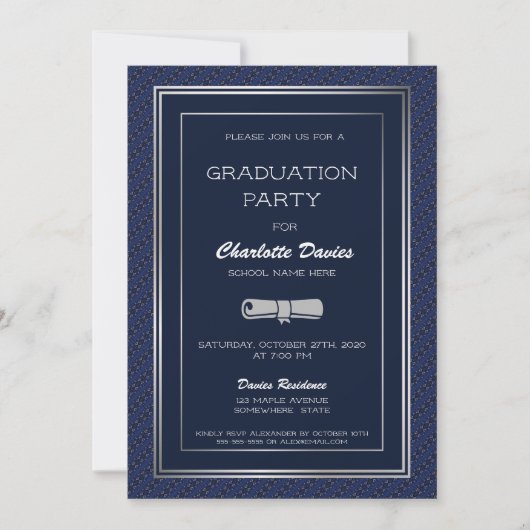 Elegant Dark Blue Silver Border Graduparty Kaart (Voorkant)