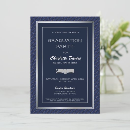 Elegant Dark Blue Silver Border Graduparty Kaart (Staand voorkant)