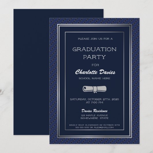 Elegant Dark Blue Silver Border Graduparty Kaart (Voorkant / Achterkant)