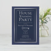 Elegant Dark Blue Silver Border Housewarming Party Kaart (Staand voorkant)