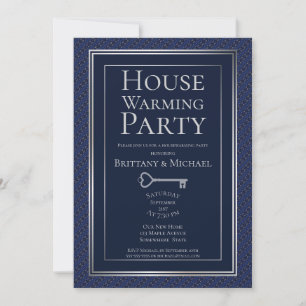 Elegant Dark Blue Silver Border Housewarming Party Kaart