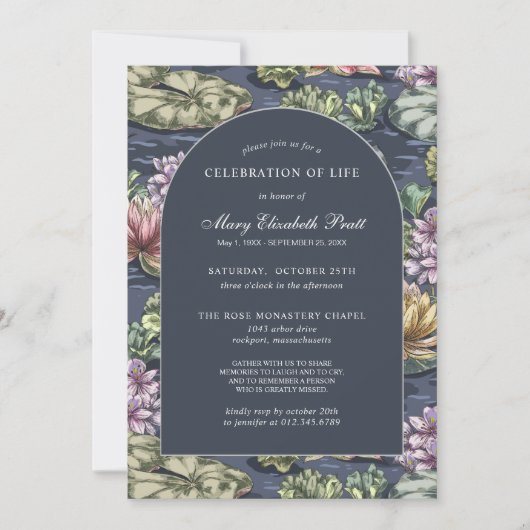 Elegant Dark Blue Waterlily Funeral Invitation Kaart (Voorkant)