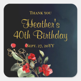 Elegant Dark Blue Waterverf Floral 40th Birthday Vierkante Sticker