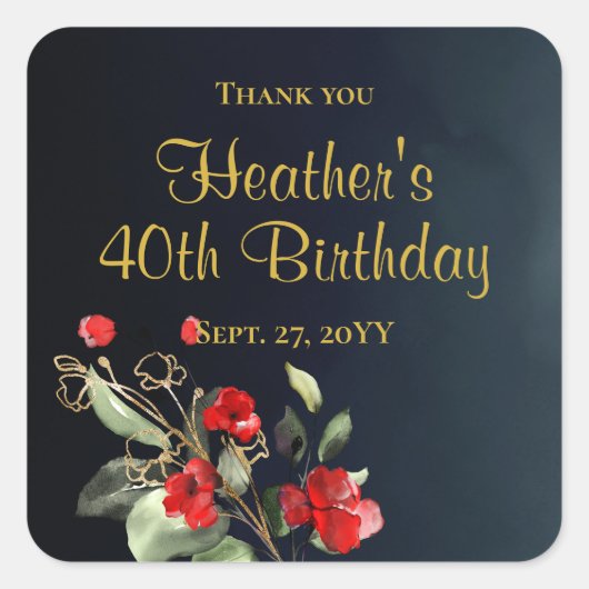 Elegant Dark Blue Waterverf Floral 40th Birthday Vierkante Sticker (Voorkant)