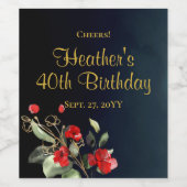 Elegant Dark Blue Waterverf Floral 40th Birthday Wijn Etiket (Enkel label)